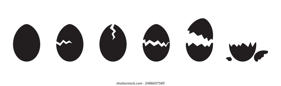 Set of broken eggs icon. Black shapes of cracked egg