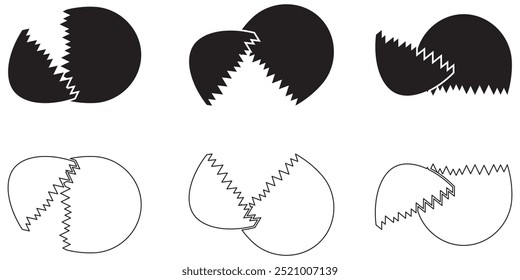 Conjunto de huevos rotos icono. Formas negras y de contorno de huevo agrietado. Cáscara de huevo rota y diseño de icono de huevo agrietado eps 10