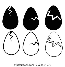 Set of broken eggs icon. Black and outline shapes of cracked egg, Baby Penguin Clipart, Silhouette, Vector, icons, isolate on white background, design eps 10