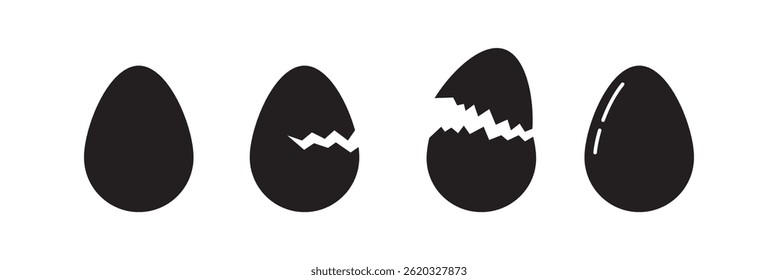 Set of broken eggs icon. Black and outline shapes of cracked egg