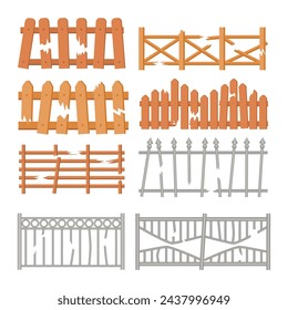 Set of broken fence set collection, Fencing, Destroy or break fencing, plank loophole in wood fence, timber backdrop farm garden gates with hole, old board wooden picket barrier cartoon, broken wall.