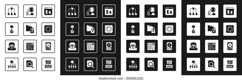 Set Broken file, Folder and lock, Cloud technology data transfer, tree, Processor with CPU, Network cloud connection, Hard disk drive HDD and Hangar servers icon. Vector