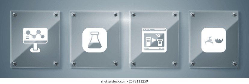 Set Broken flask, Chemical online, Test tube and and formula. Square glass panels. Vector