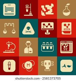 Set Broken flask, Chemical online, Chemistry book, Gaseous, Triangle warning toxic, Test tube and, Periodic table and formula icon. Vector