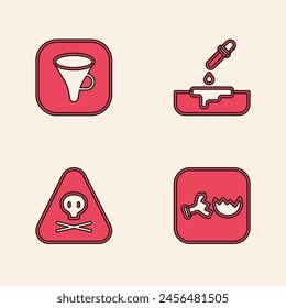 Set Broken flask, Funnel or filter, Petri dish with pipette and Triangle warning toxic icon. Vector