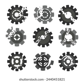 Set of broken gear set collection, disruption icon, concept of breaking detail or poor work of the mechanism, broken gear wheel vector, Breakdown in the system, factory development illustration.