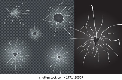 set of broken glass cracks or bullets holes marks or scratches on glass textured dark or police gun bullets in crime case. eps vector
