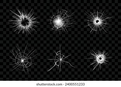 Set of broken glass on Transparent background. Abstract collage with cracked window texture.