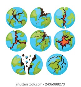 Set of broken globe collection, broken earth with cracks cartoon, holes and fissures in concrete, destructed fractured wall. Broken surface templates set. Deep splits and crevices. Vector illustration