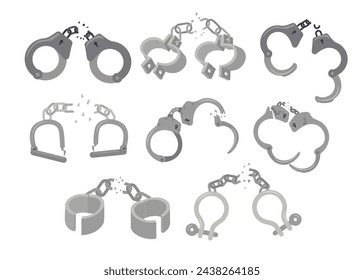 Set of broken handcuffs set collection, breaking chains cartoon, breaking chain shackle handcuffs revolution propaganda poster, freedom concept,broken wristbands with chain shards, vector illustration