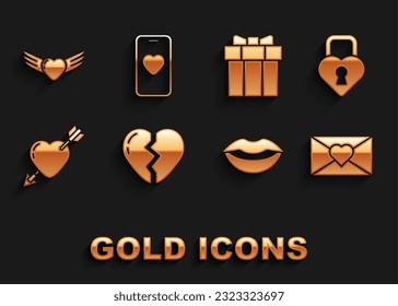 Set Broken heart, Castle in the shape of, Envelope with Valentine, Smiling lips, Amour and arrow, Gift box, Heart wings and Online dating app chat icon. Vector