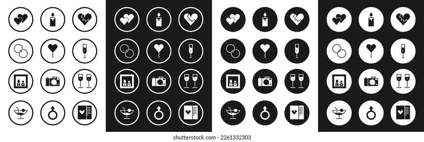 Juego Corazón roto o divorcio, Globo en forma de, Anillos de boda, Corazón, Vidrio champán, Candela quemante e ícono de foto familiar. Vector
