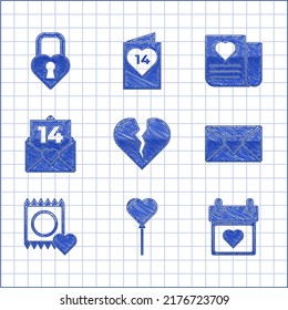 Set Broken heart or divorce, Balloons in form of, Calendar with, Envelope Valentine, Condom package,  and Castle the shape icon. Vector