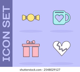 Set Broken heart or divorce, Bow tie, Gift box and Coffee cup and icon. Vector