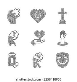 Set Broken heart or divorce, Comedy theatrical mask, Helping hand, Sedative pills, Head with question mark, Graves funeral sorrow and Solution to problem icon. Vector