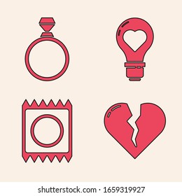 Establecer corazón roto o divorcio, anillo de compromiso de diamantes, forma de corazón en una bombilla y condón en el icono de paquete. Vector