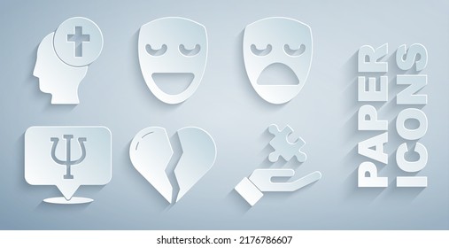 Set Broken heart or divorce, Drama theatrical mask, Psychology, Psi, Solution to problem, Comedy and Man graves funeral sorrow icon. Vector