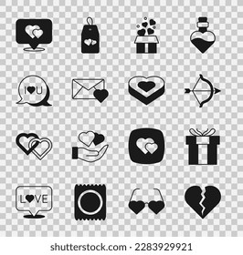 Set Broken heart or divorce, Gift box, Bow and arrow, with hearts, Envelope Valentine, Speech bubble text I love you, Location and Candy shaped icon. Vector