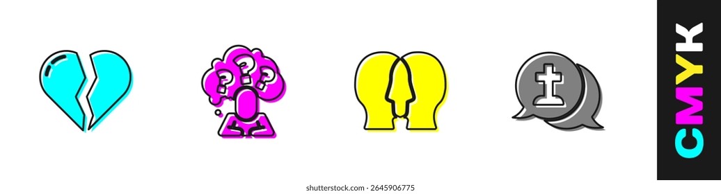 Set Broken heart or divorce, Head with question mark, Bipolar disorder and Graves funeral sorrow icon. Vector