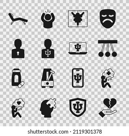 Establecer corazón roto o divorcio, Mano de ayuda, Péndulo, Rorschach test, Psicología, Psi, Solución al problema, Sillón y Psicólogo icono en línea. Vector