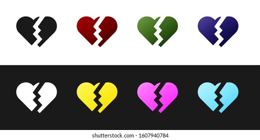 Set Broken heart or divorce icon isolated on black and white background. Love symbol. Valentines day.  Vector Illustration