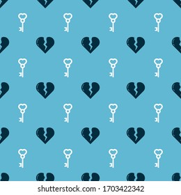 Set Broken heart or divorce and Key in heart shape on seamless pattern. Vector