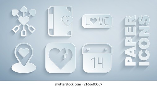 Set Broken heart or divorce, Love text, Location with, Calendar February 14, diary and Amour and arrow icon. Vector