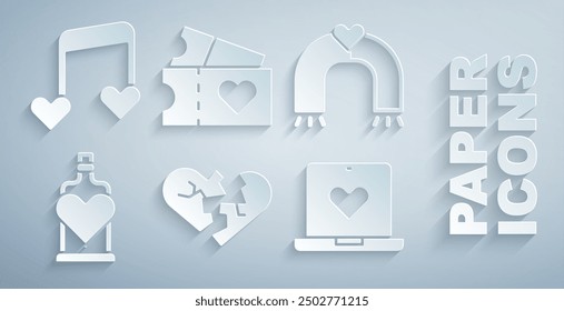 Set Broken heart or divorce, Love magnet, Bottle with love potion, Dating app online, ticket and Music note, tone hearts icon. Vector