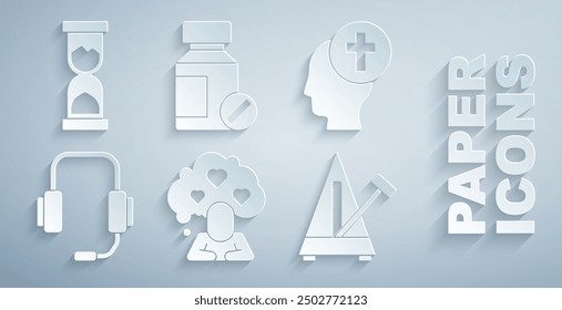 Set Broken heart or divorce, Man graves funeral sorrow, Psychologist online, Metronome with pendulum, Sedative pills and Old hourglass icon. Vector