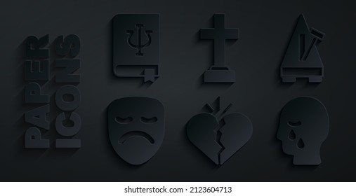 Set Broken heart or divorce, Metronome with pendulum, Drama theatrical mask, Man graves funeral sorrow, Graves and Psychology book, Psi icon. Vector