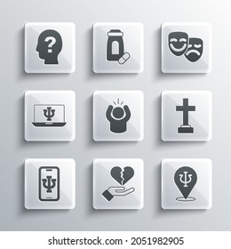 Set Broken heart or divorce, Psychology, Psi, Graves funeral sorrow, Anger, Psychologist online, Head with question mark and Comedy and tragedy masks icon. Vector