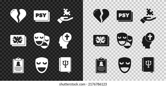 Set Broken heart or divorce, Psychology, Psi, Solution to the problem, Medical clipboard, Comedy theatrical mask, book,, Rorschach test and and tragedy masks icon. Vector