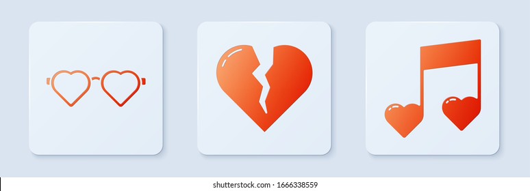 Set Broken heart or divorce, Heart shaped love glasses and Music note, tone with hearts. White square button. Vector