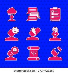 Set Broken heart or divorce, Solution problem in psychology, Human with question mark, Male doctor, Sad and depressed man, bad mood, Psychological test and Depression frustration icon. Vector