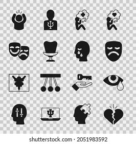 Set Broken heart or divorce, Tear cry eye, Drama theatrical mask, Helping hand, Armchair, Comedy tragedy masks, Anger and Man graves funeral sorrow icon. Vector