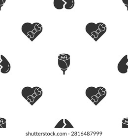 Set Broken heart, Flower rose and Candy in shaped box on seamless pattern. Vector