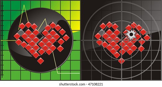 set of broken heart with green medical background and dark criminal background with bullet hole	 , conceptual vector editable illustration	 	 	 	 	 	 	