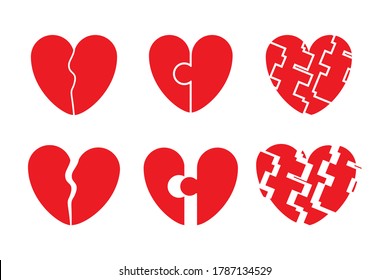 Set of Broken heart icon. Dislike, sadness, shattered hearts, rupture, divorce. Flat vector illustration