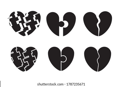 Set von gebrochenem Herzsymbol. Unähnlich, Traurigkeit, zerbrochene Herzen, Riss, Scheidung. Flache Vektorgrafik