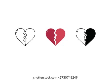 Conjunto de iconos de corazón roto en diferentes estilos, Ilustración vectorial para la ruptura, la tristeza y el final de los conceptos de relación