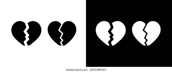Conjunto de ícones de coração partido no estilo silhueta. Símbolos cardíacos rachados e quebrados para dor emocional, separação e desenho de amor triste.