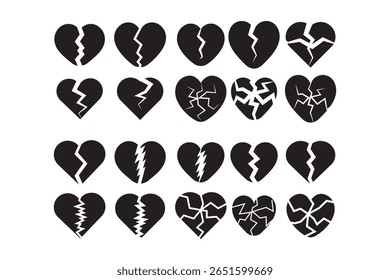 Conjunto de ícones de coração partido no estilo silhueta. Símbolos cardíacos rachados e quebrados para dor emocional, separação e desenho de amor triste.