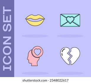 Set Broken heart, Smiling lips, Head with and Envelope Valentine icon. Vector