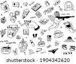 Set of broken heart stickers. Anti-valentine day. Black tattoo elements collection. Heart, tears, parting, sadness, wine, cigarettes. Doodle style clipart. Vector. For print and web design.