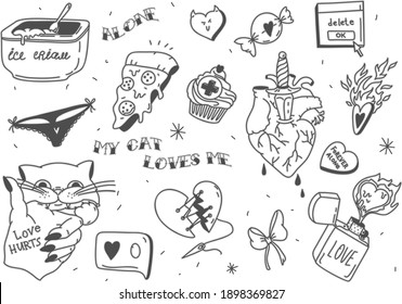 Set of broken heart stickers. Anti-valentine day. Black tattoo elements collection. Heart, tears, parting, sadness, wine, cigarettes. Doodle style clipart. Vector. For print and web design. svg