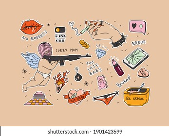 Set of broken heart stickers. Anti-valentine day. Tattoo elements collection. Heart, tears, parting, sadness, wine, cigarettes. Doodle style clipart. Colored Vector. For print and web design.