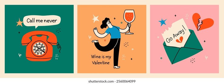 Set of broken heart stickers. Anti-valentine day. Heart, tears, parting, sadness, wine, cigarettes. Doodle style clipart. Colored Vector.