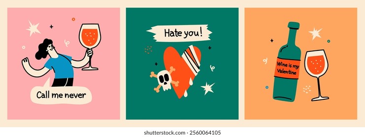 Set of broken heart stickers. Anti-valentine day. Heart, tears, parting, sadness, wine. Doodle style clipart. Colored Vector.