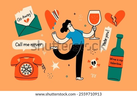 Set of broken heart stickers. Anti-valentine day. Heart, tears, parting, sadness, wine, cigarettes. Doodle style clipart. Colored Vector.