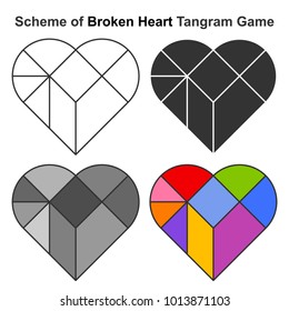 Set of Broken Heart Tangram game schemes in white, black, gray and color versions. Geometric puzzle. Vector illustration